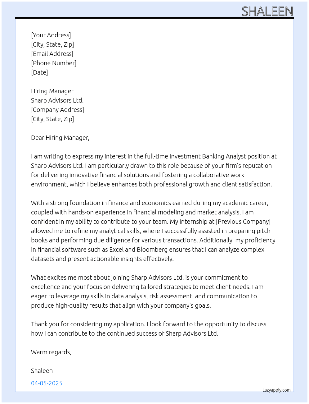 Investment Banking Analyst At Sharp Advisors Ltd. Cover Letter