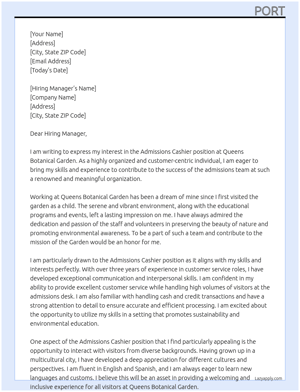 Admissions Cashier At Queens Botanical Garden Cover Letter