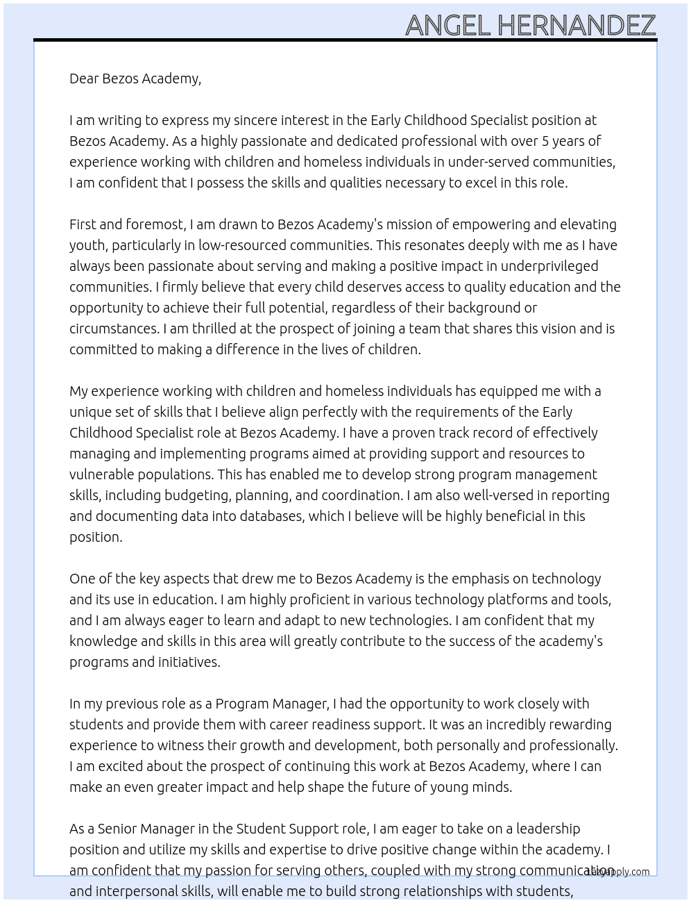 Early childhood specialist At Bezos Academy Cover Letter