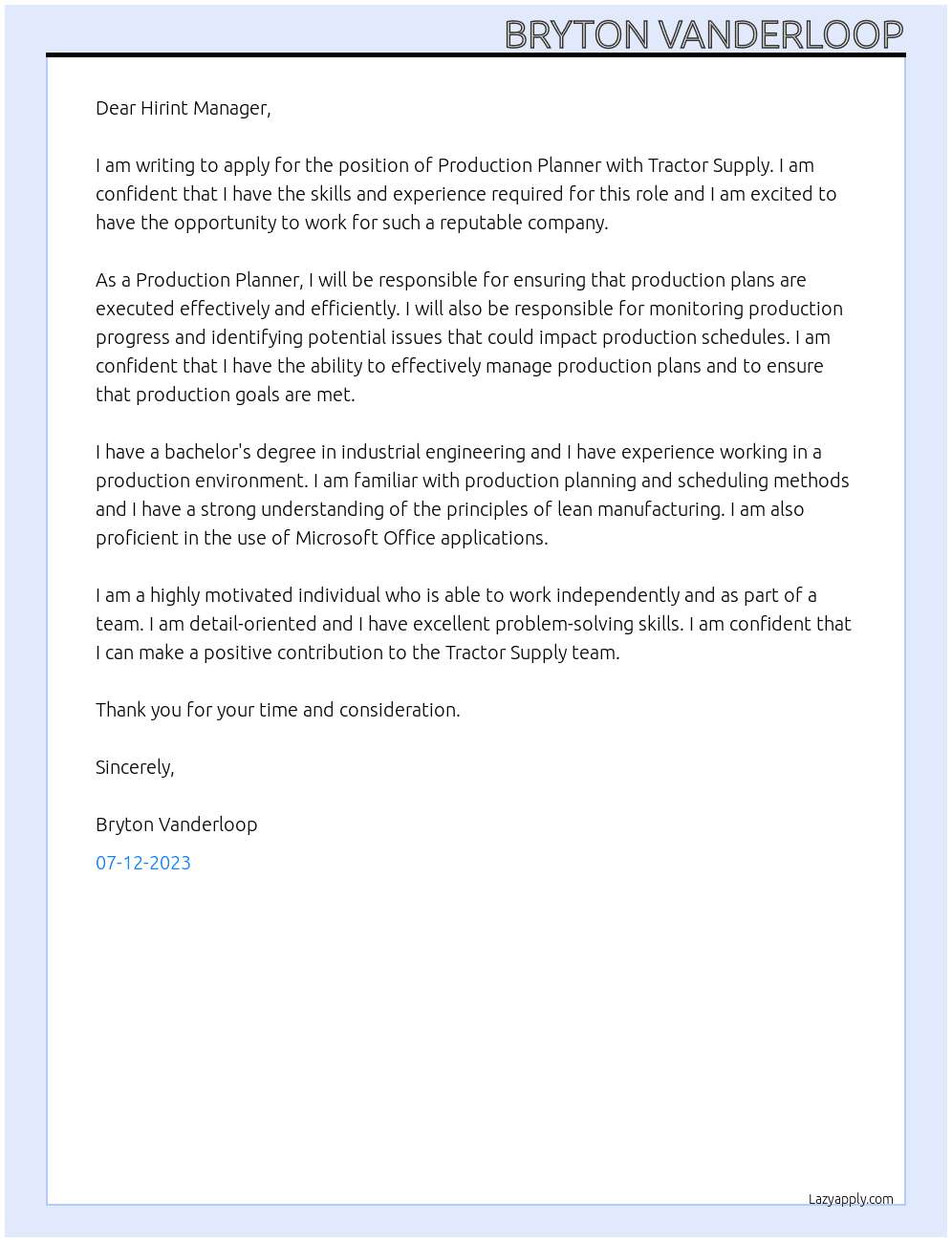Production Planner At Tractor Supply Cover Letter