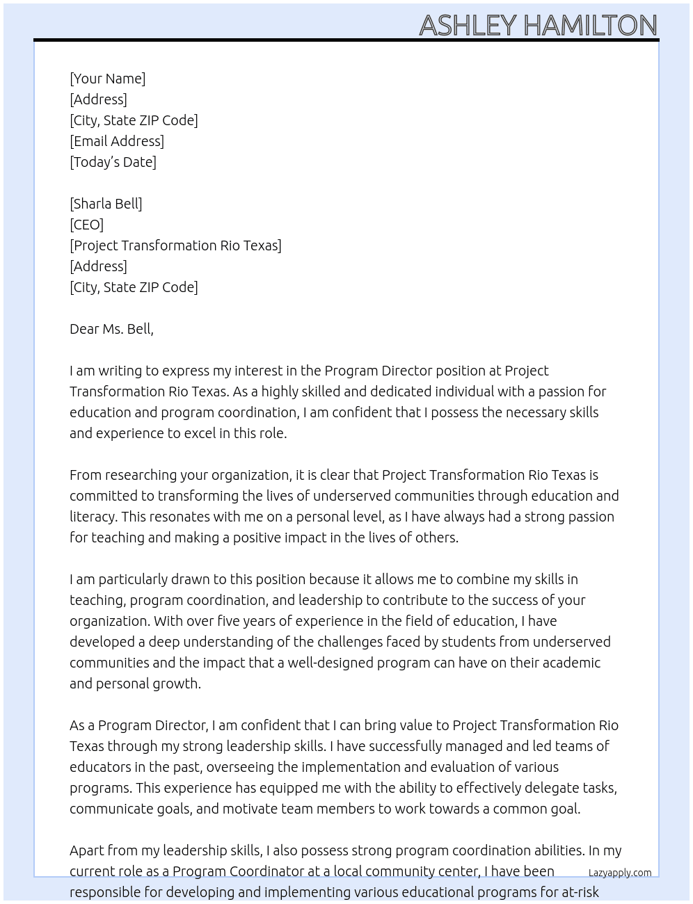 Program Director At Project Transformation Rio Texas Cover Letter