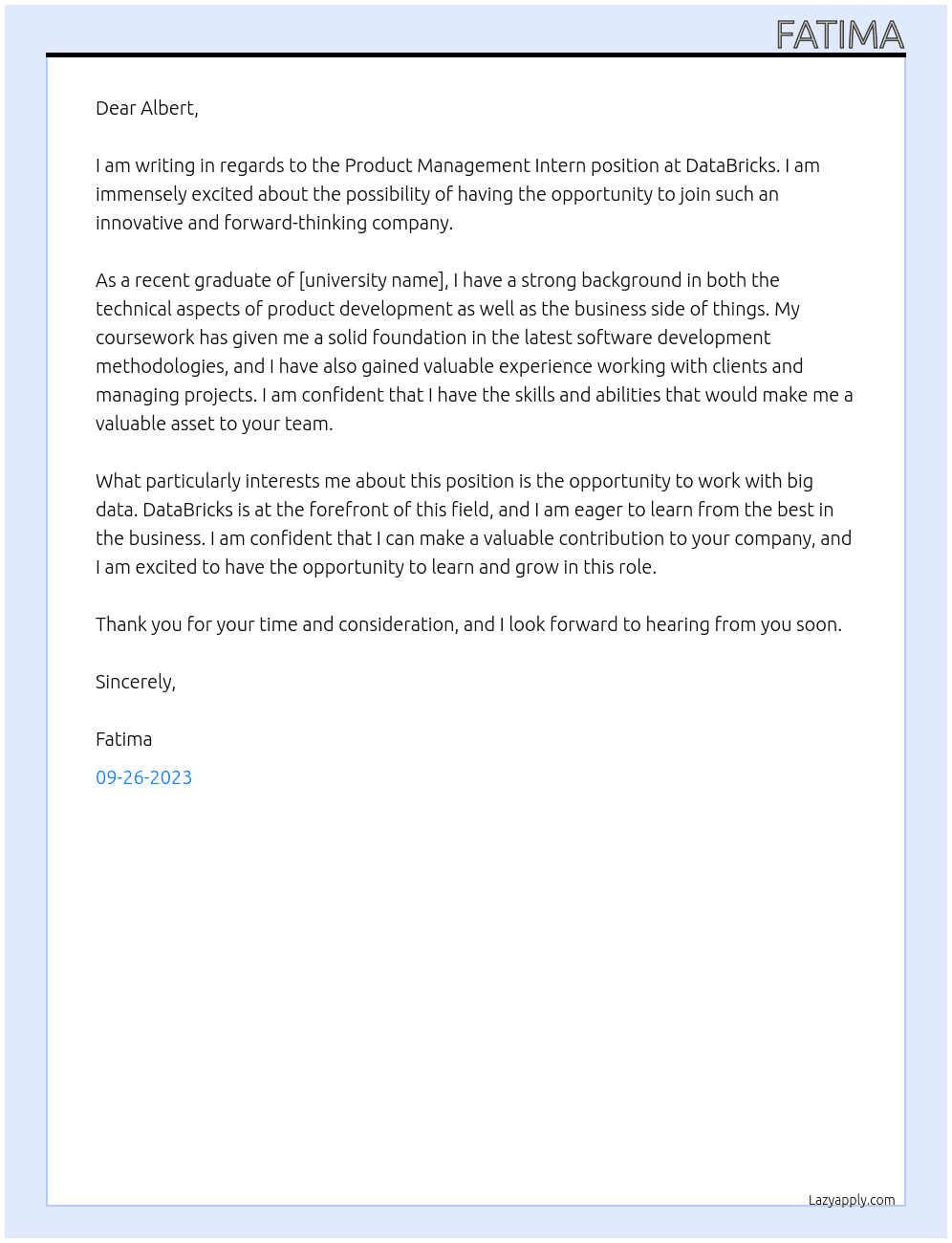 Product Management Intern At DataBricks Cover Letter