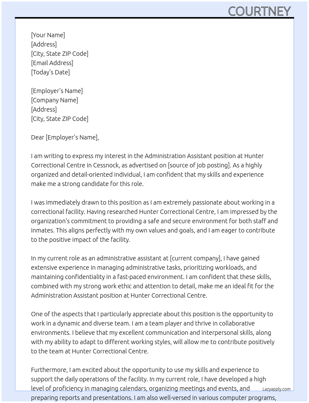 Administration Assistant At Hunter Correctional Centre, Cessnock Cover Letter