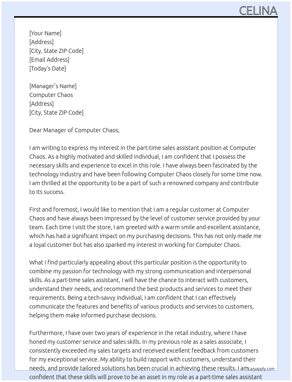 Part time sales assistant  At Computer chaos Cover Letter