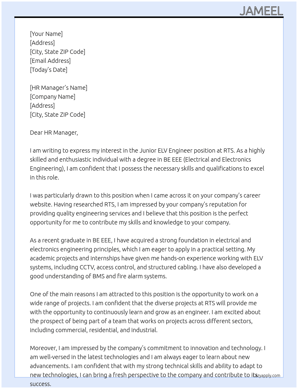 JUNIOR ELV ENGINEER At RTS Cover Letter