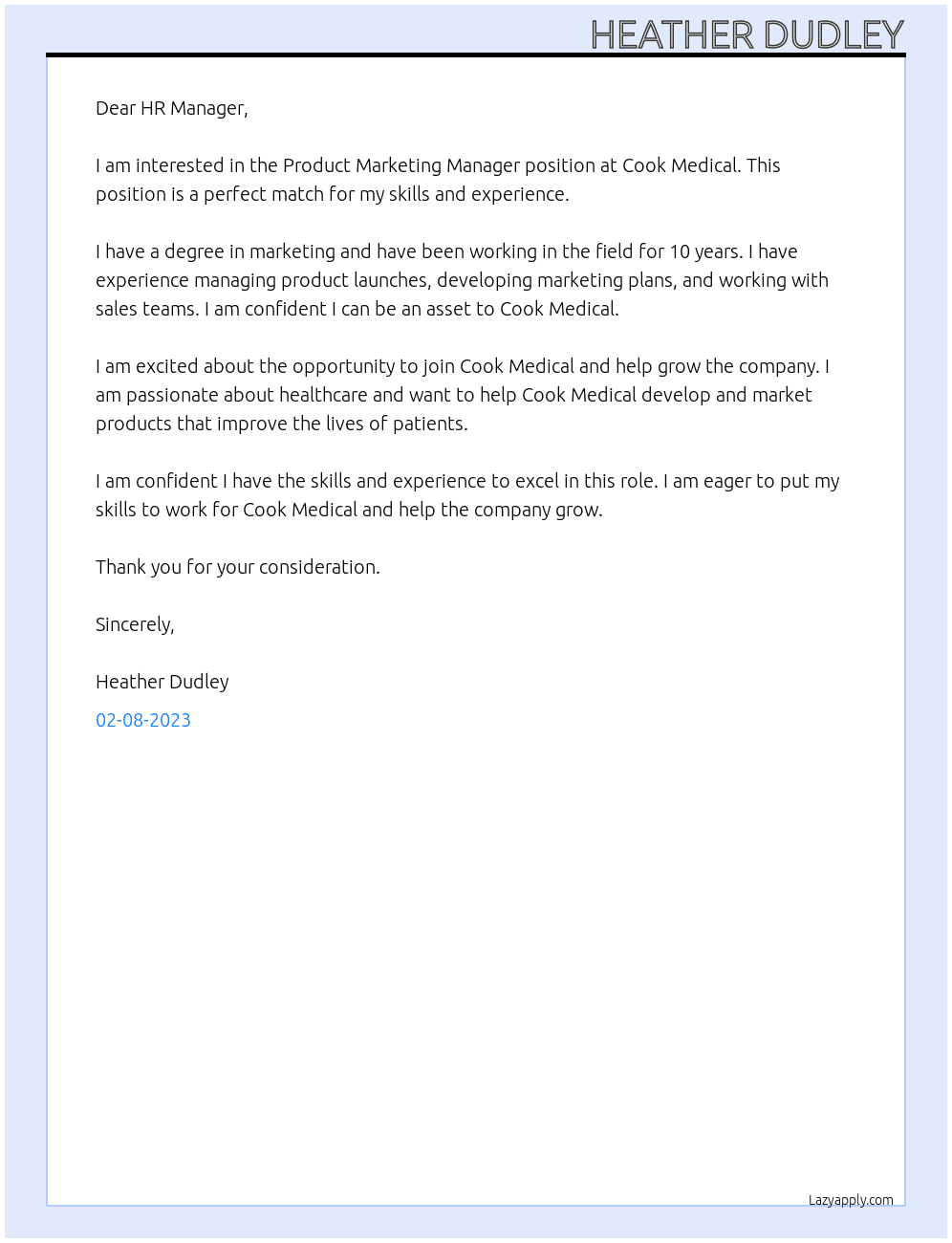  Product Marketing Manager At Cook Medical Cover Letter