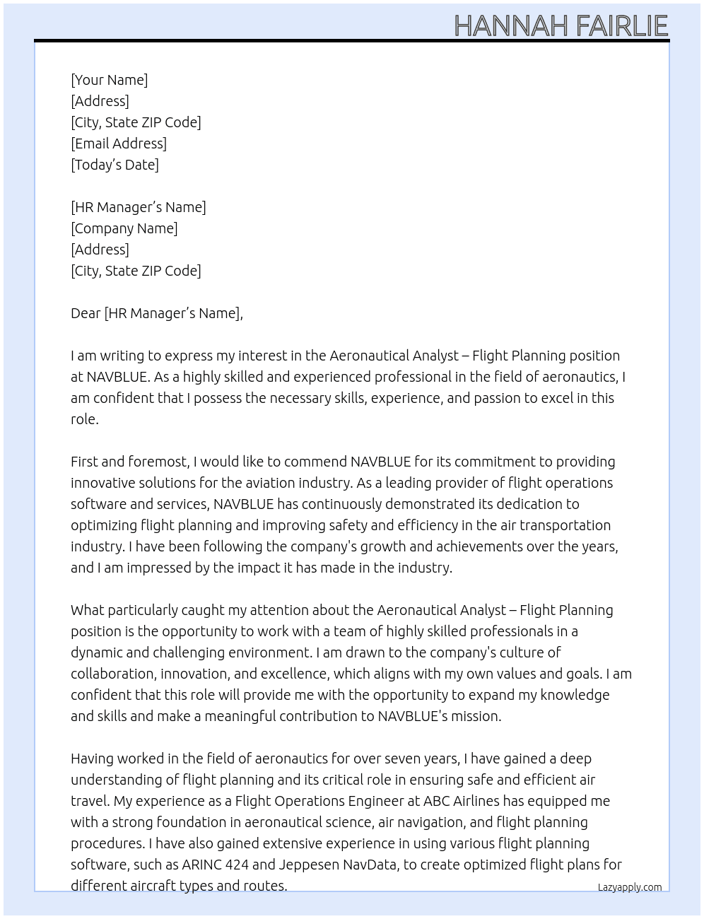 Aeronautical Analyst - Flight Planning At NAVBLUE Cover Letter