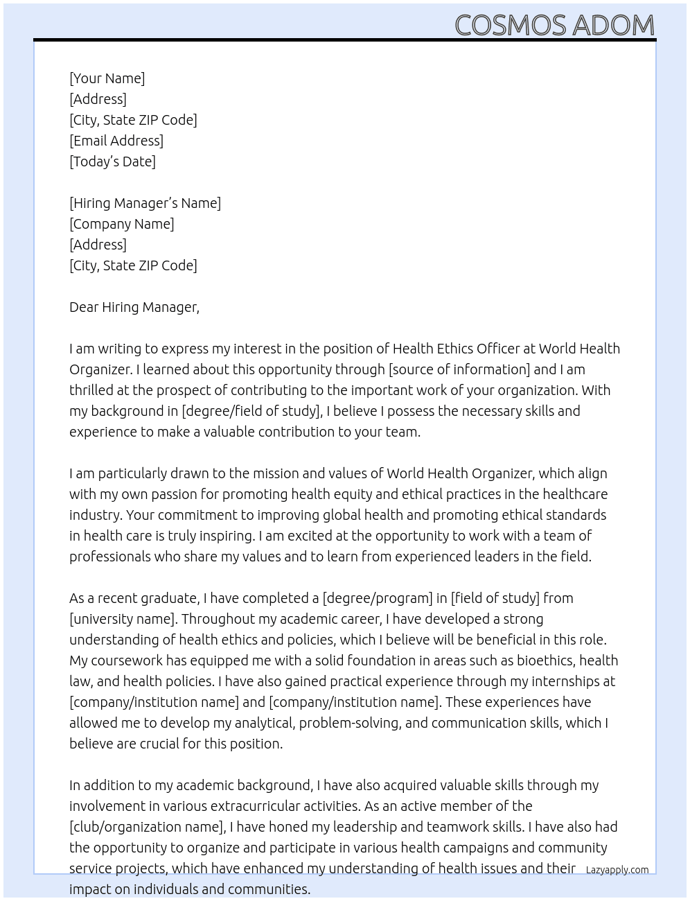 Health Ethics Officer At World Health Organizer  Cover Letter