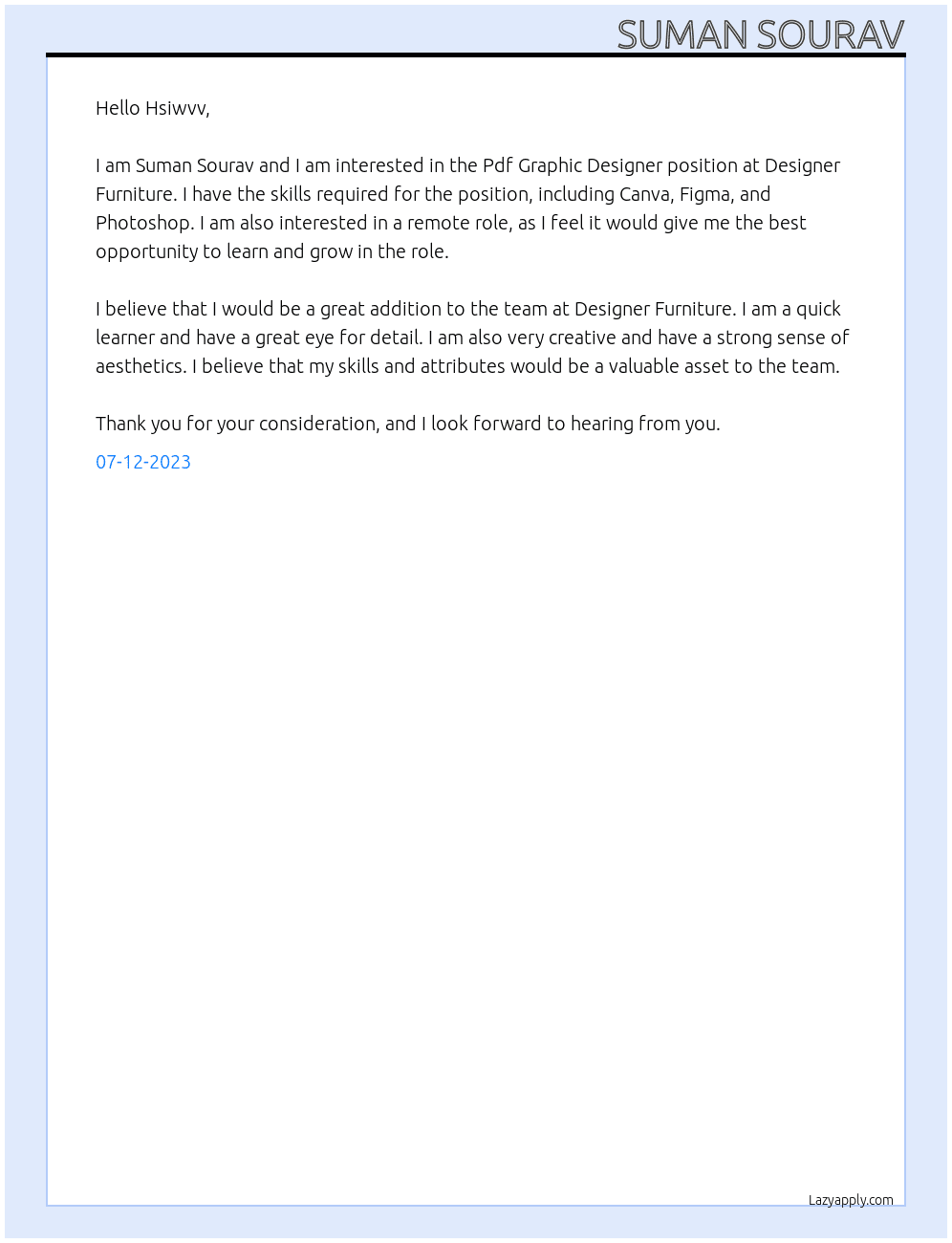 Pdf Graphic Designer  At Designer Furniture  Cover Letter
