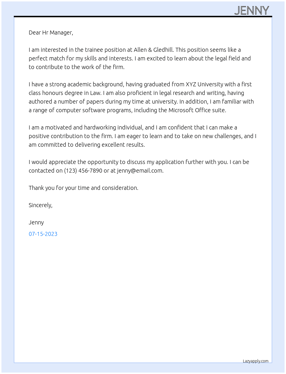 trainee At Allen & Gledhill Cover Letter