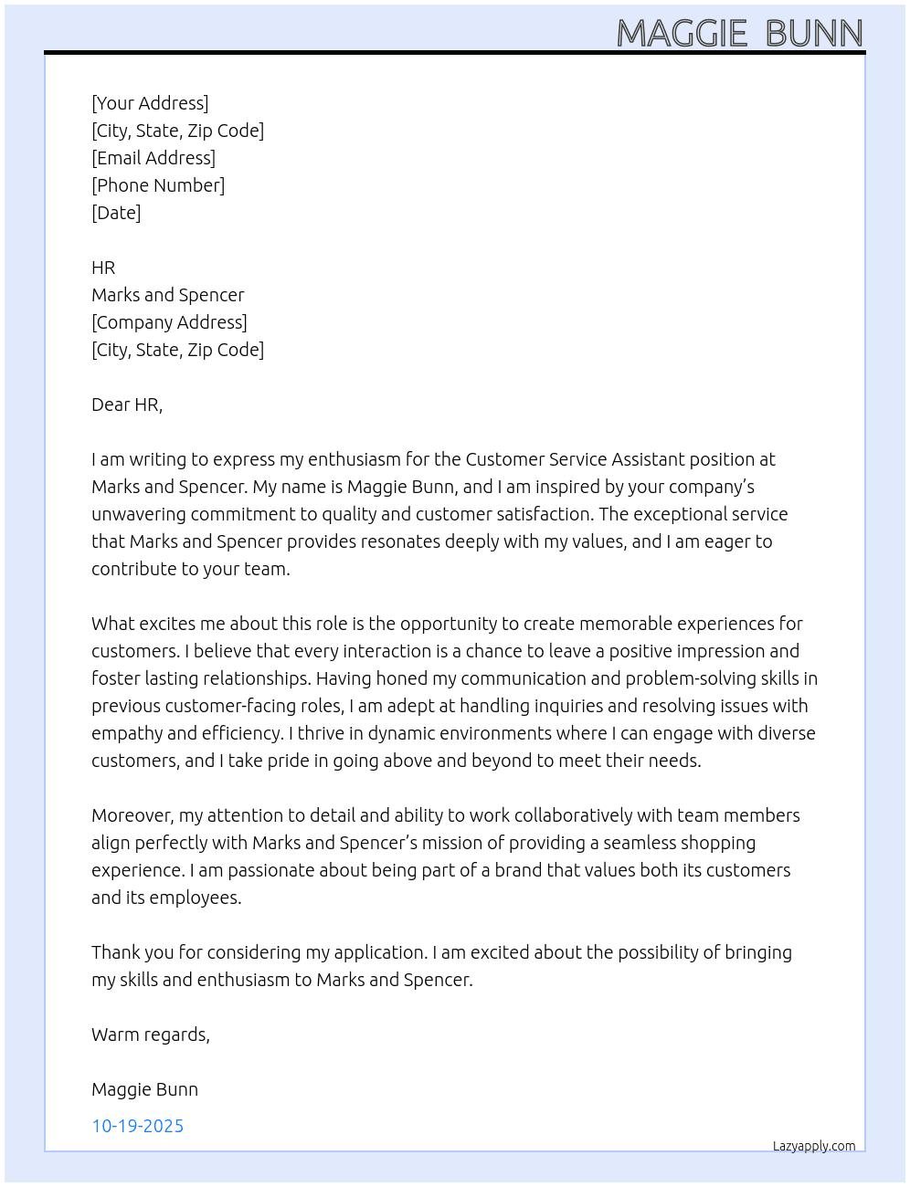 Customer service assistant At Marks and Spencer Cover Letter