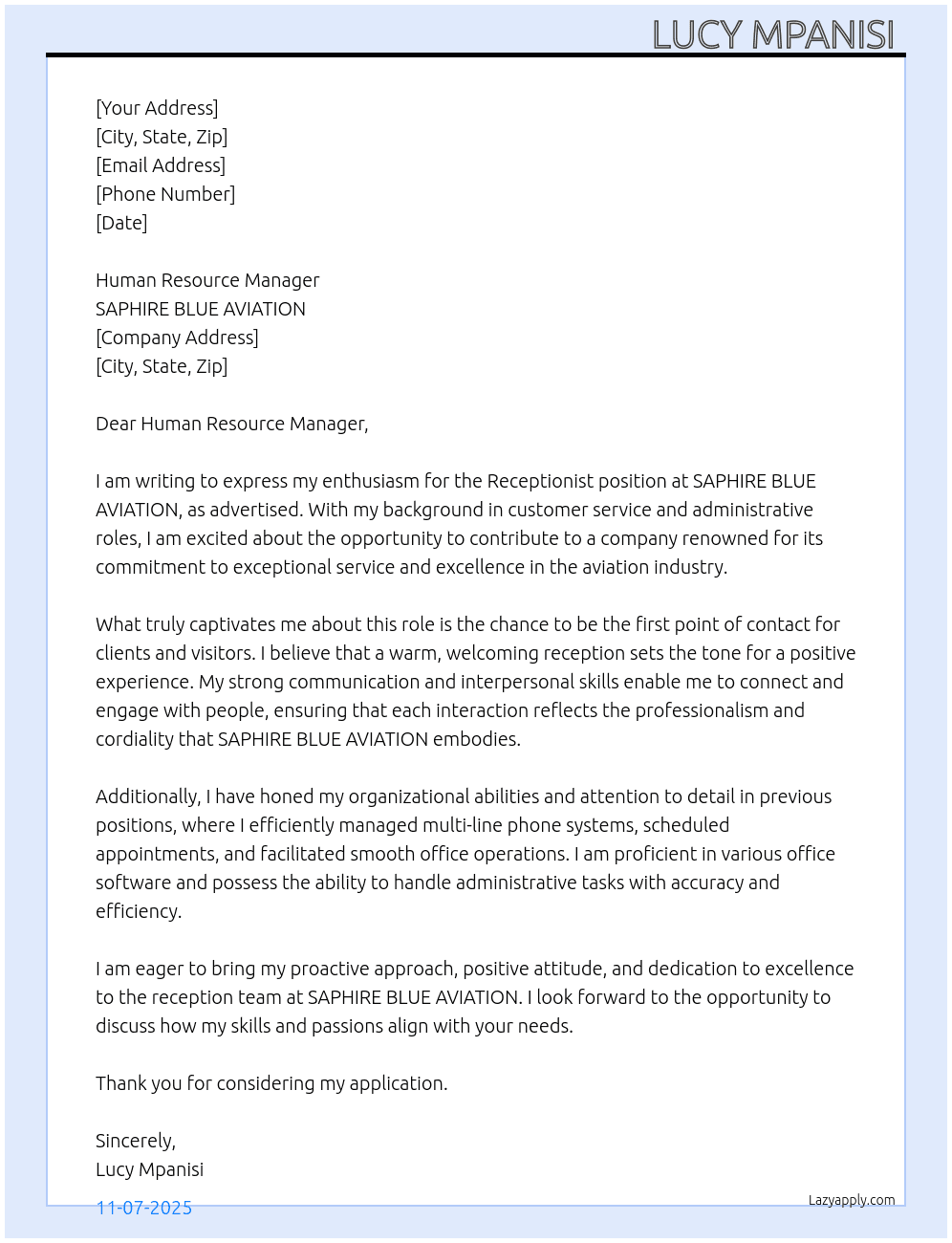 Receptionist  At SAPHIRE BLUE AVIATION Cover Letter