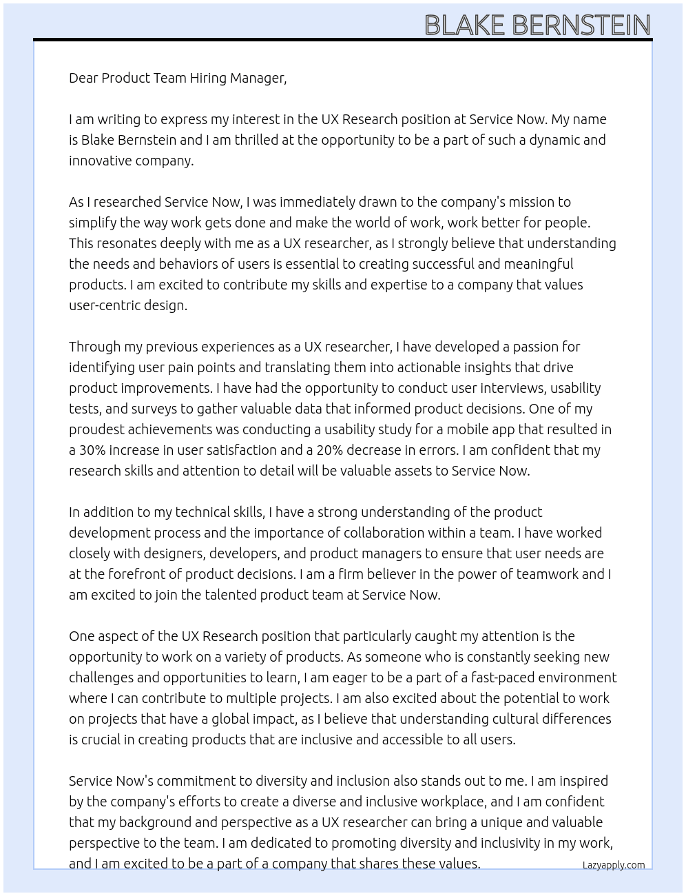 UX Research At Service Now Cover Letter