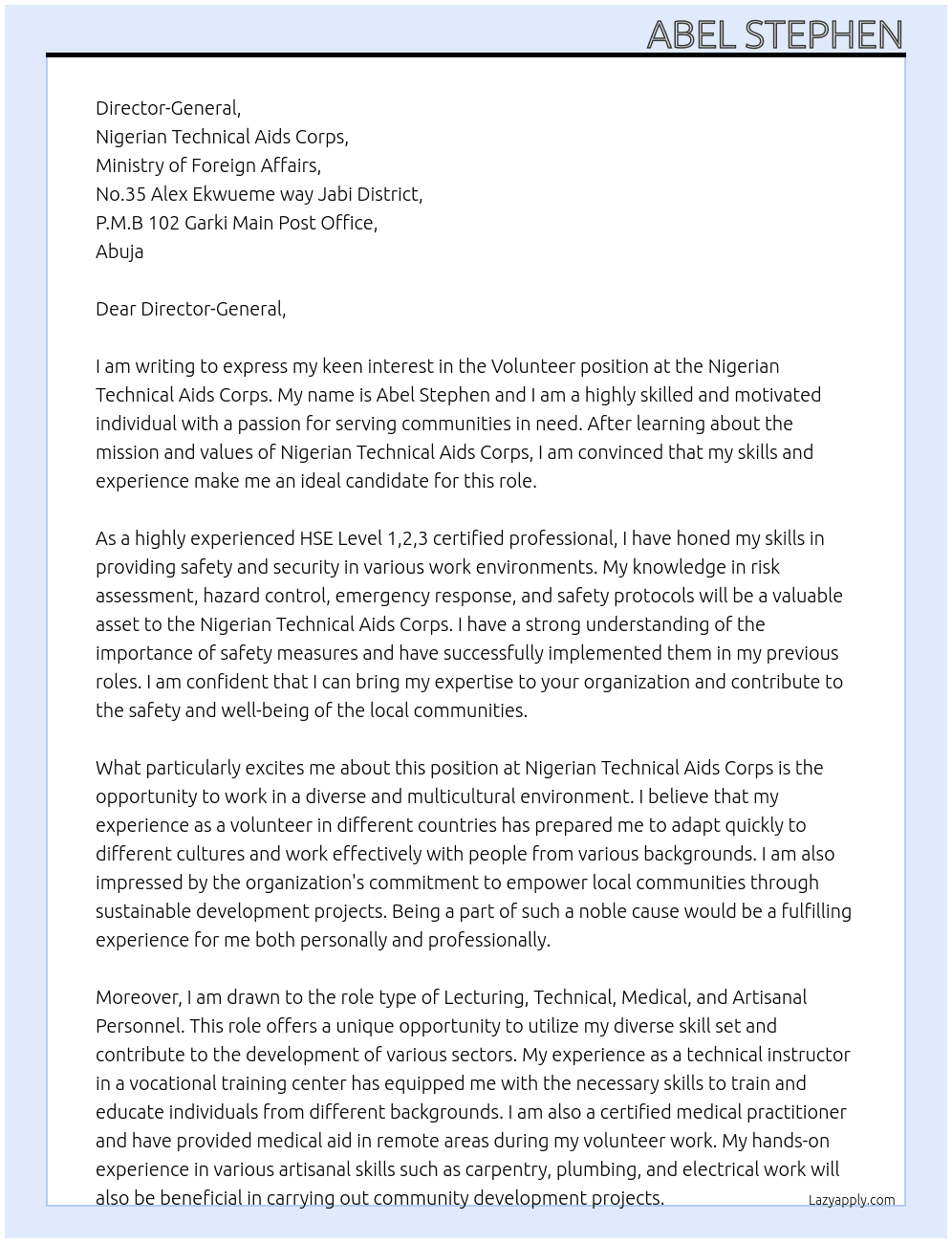 Volunteer At Nigerian Technical Aids Corps Cover Letter