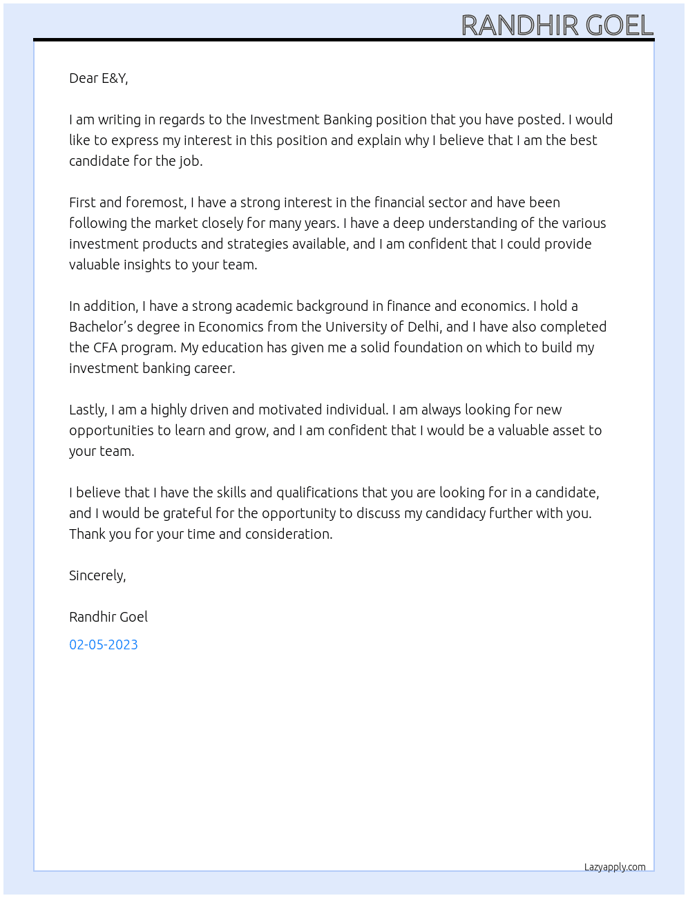 Investment Banking At E&Y Cover Letter