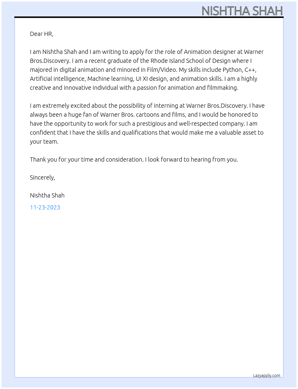 Animation designer At Warner Bros.Discovery Cover Letter