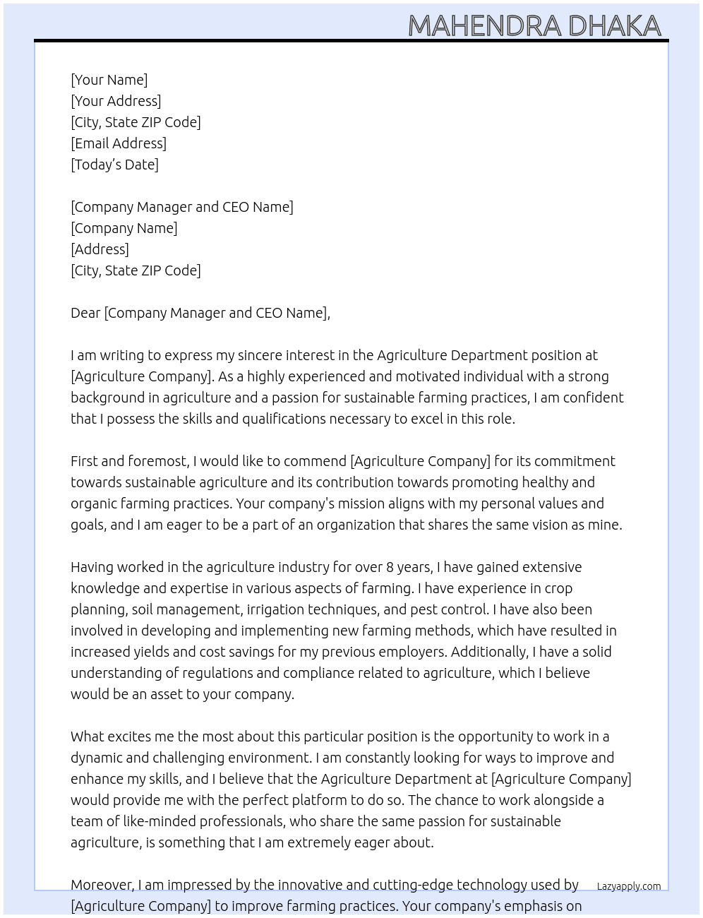 Agriculture department At Agriculture company  Cover Letter