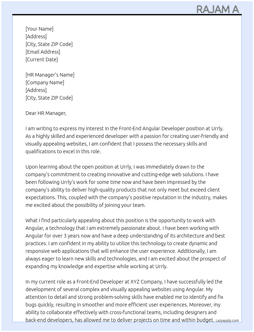 Front-End Angular Developer At Urrly Cover Letter