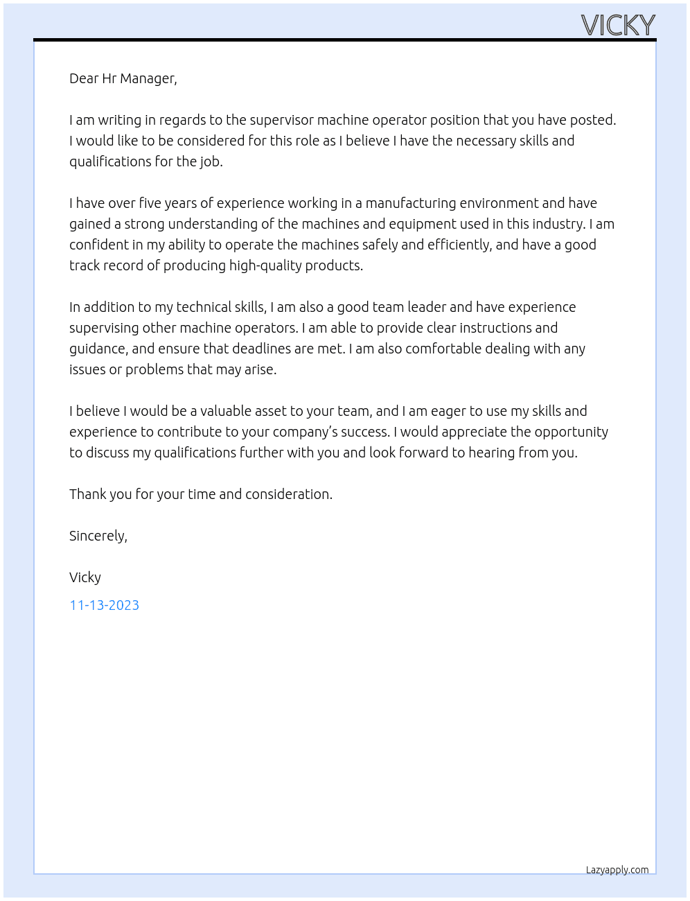 supervisor machine operator At supervisor Cover Letter