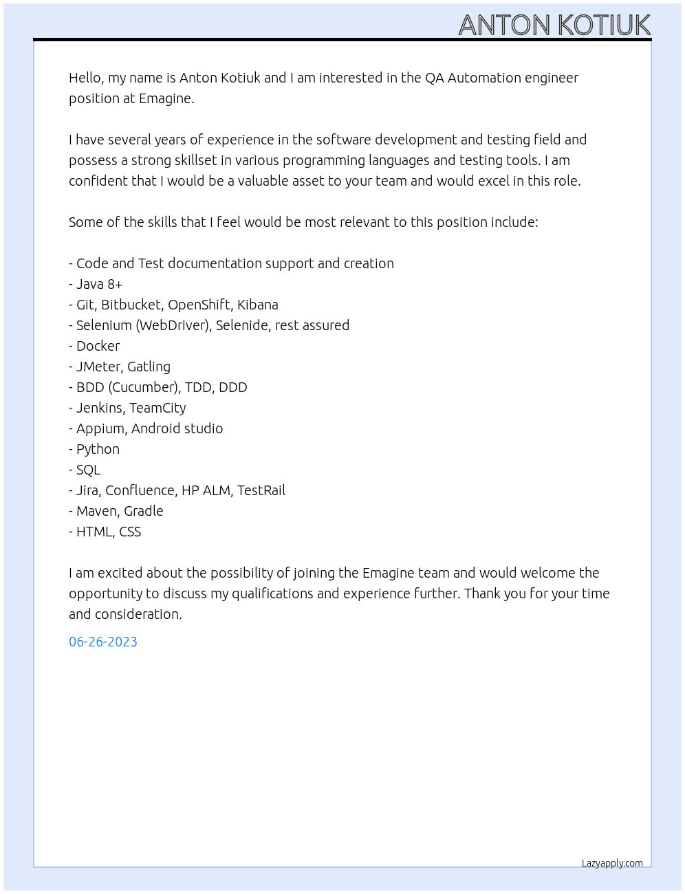 QA Automation engineer  At Emagine Cover Letter