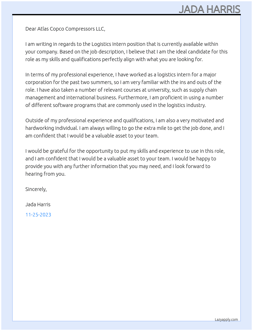 Logistics Intern At Atlas Copco Compressors LLC Cover Letter