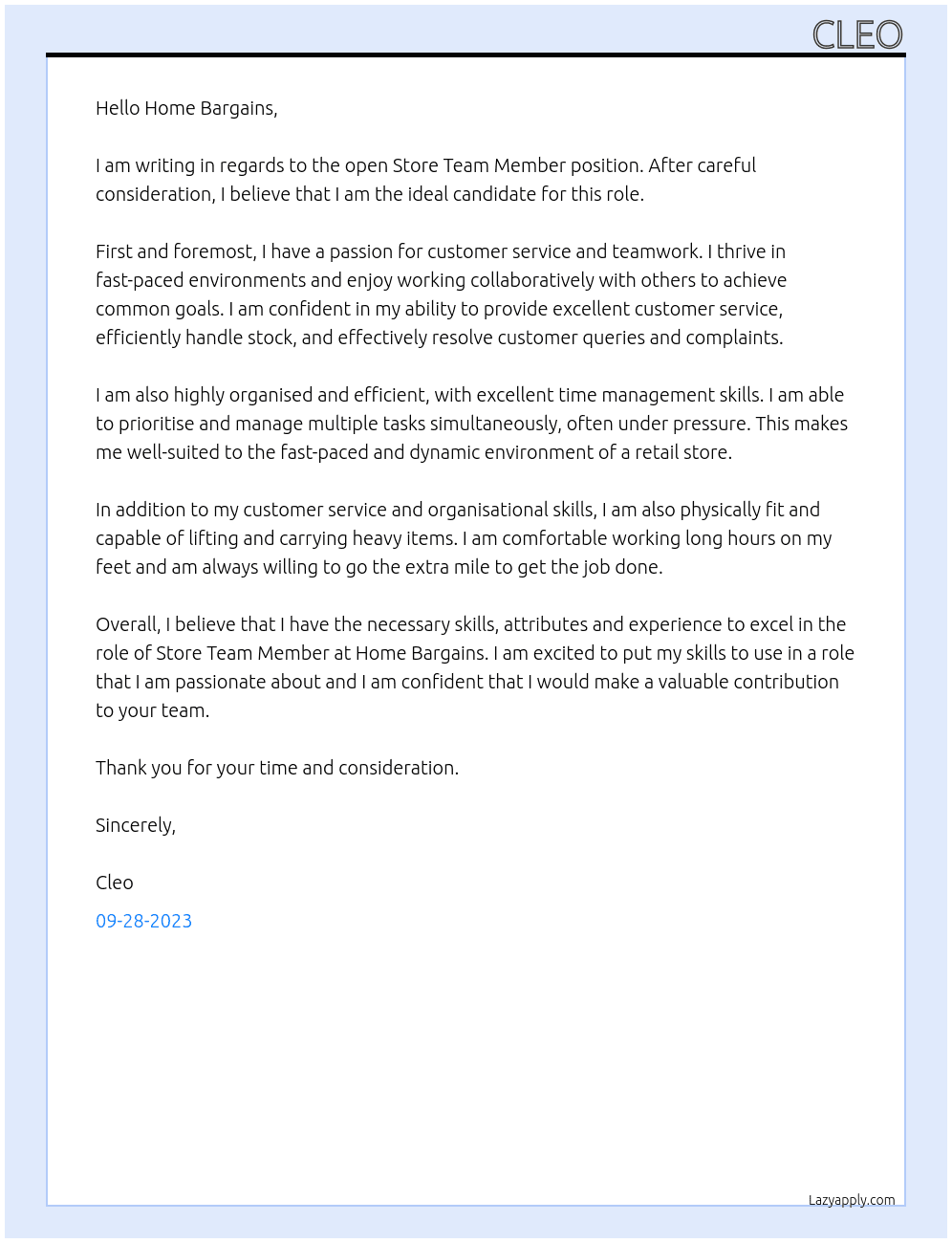 Store team member At Home bargains  Cover Letter