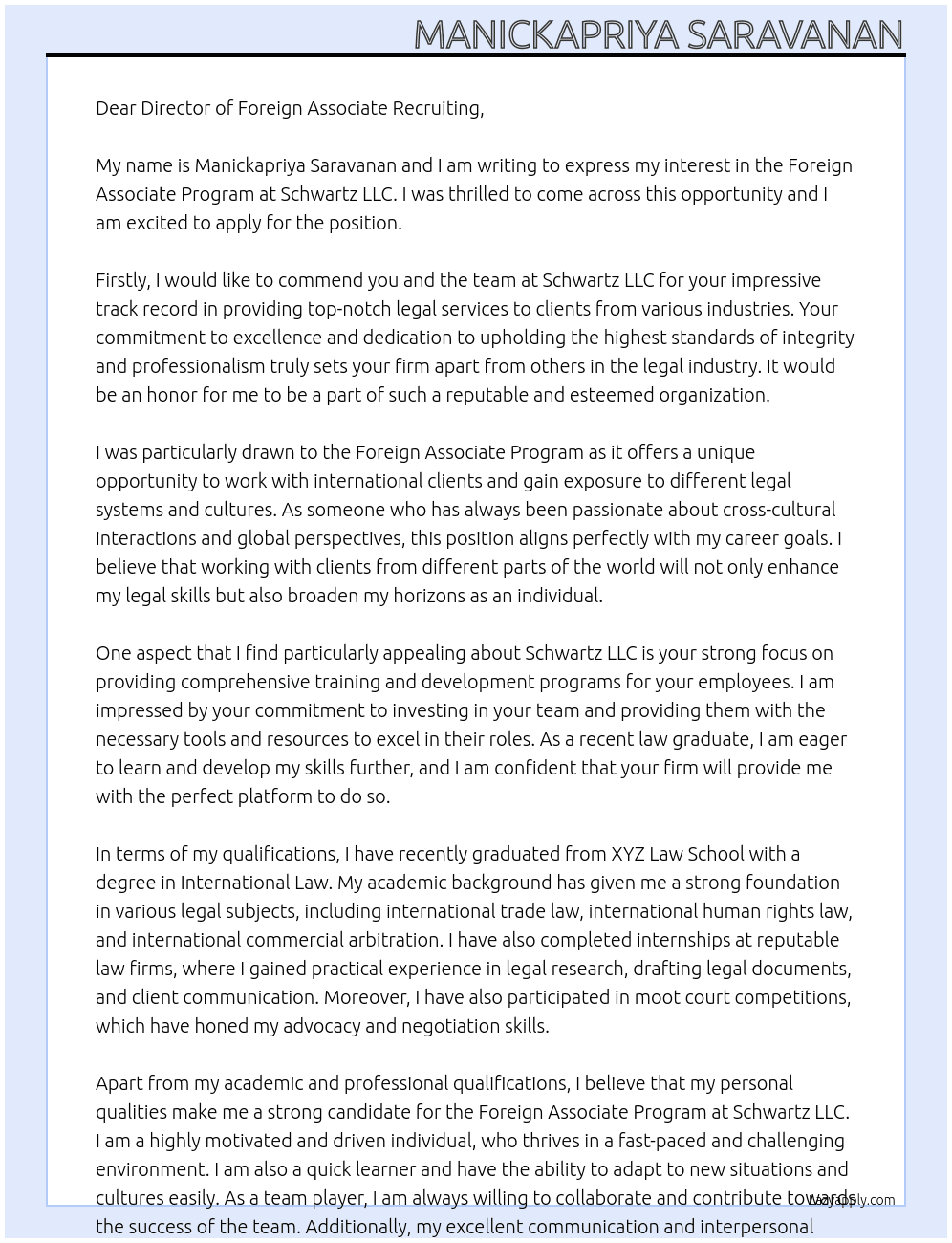 Foreign Associate Program At Schwartz LLC Cover Letter