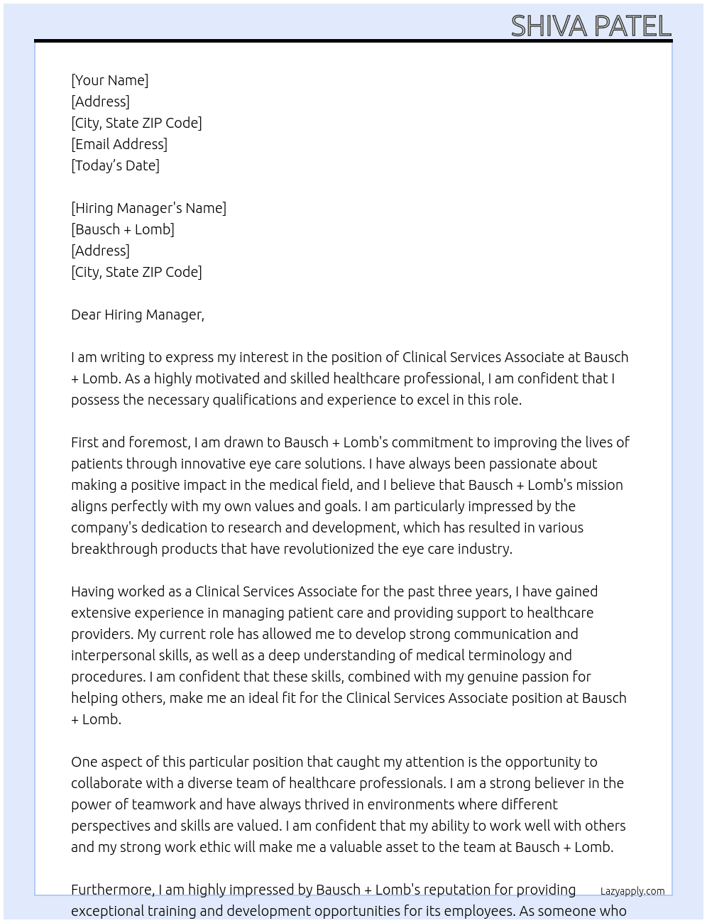 Clinical Services Associate At Bausch + Lomb Cover Letter