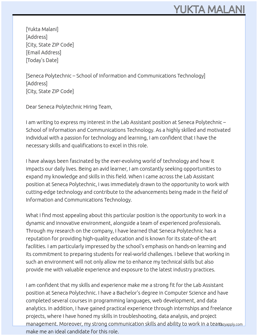 Lab Assistant At SENECA POLYTECHNIC - School of Information and Communications Technology Cover Letter