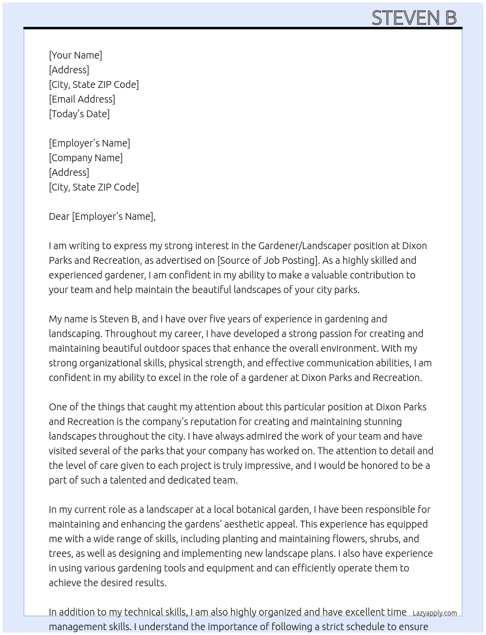 gardener/Landscaper At Dixon Parks and Recreation Cover Letter