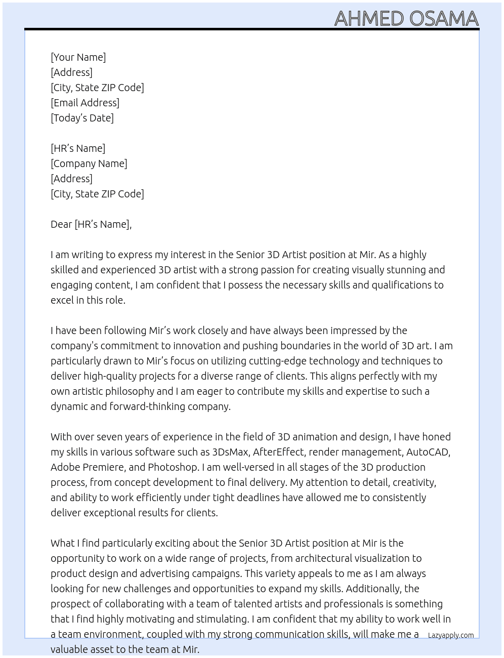 Senior 3D Artist At Mir Cover Letter