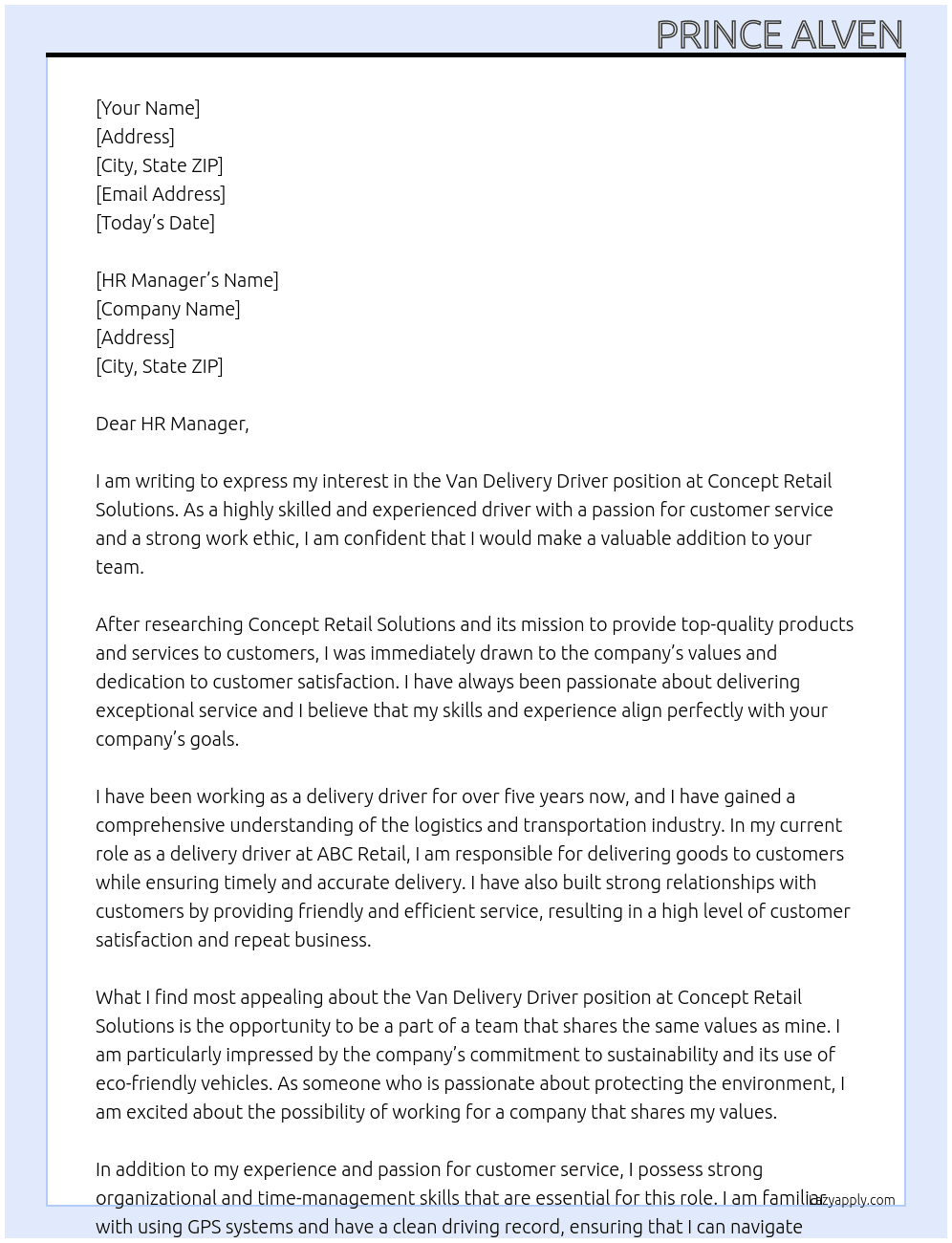 Van Delivery Driver At Concept Retail Solutions Cover Letter