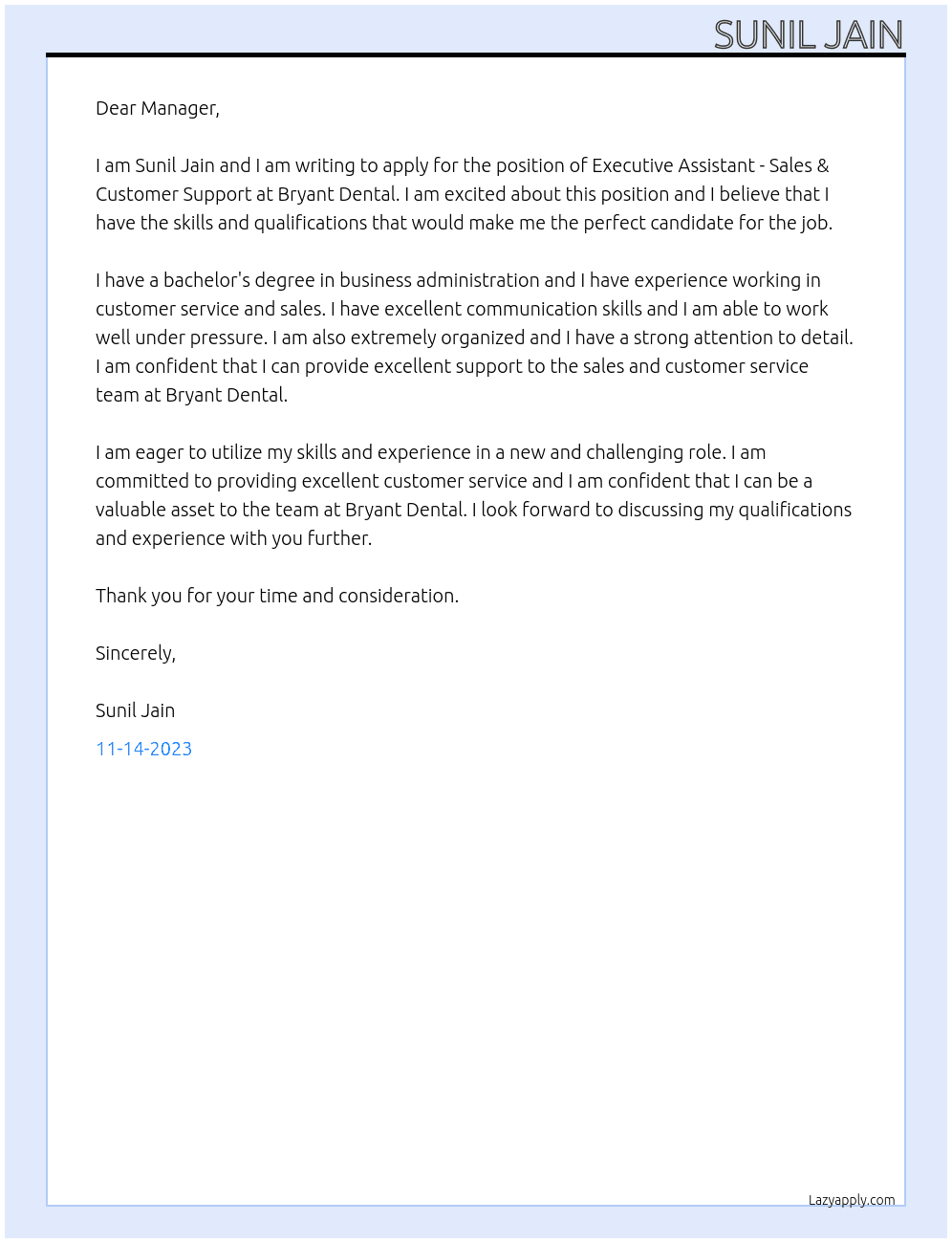 Executive Assistant - Sales & Customer Support At Bryant Dental Cover Letter