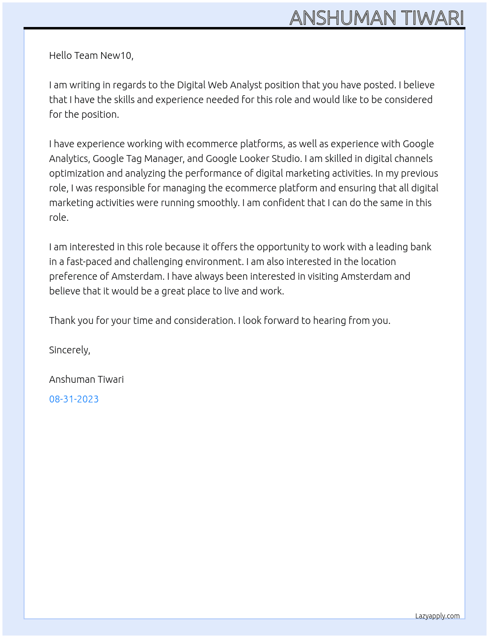 Digital Web Analyst At New10-ABN Amro Cover Letter