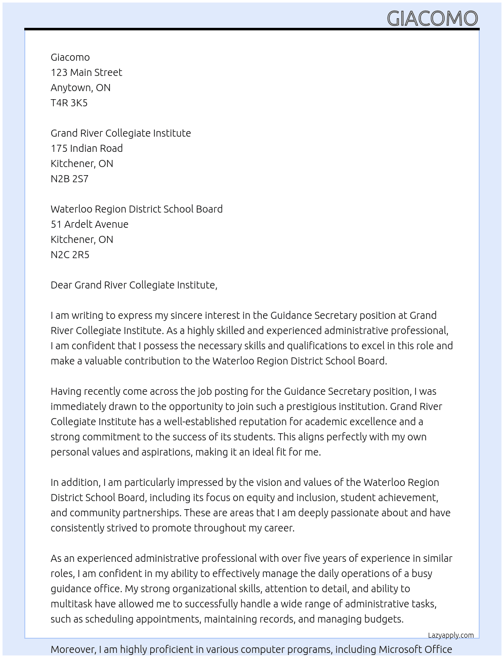 Guidance Secretary At Waterloo Region District School Board Cover Letter