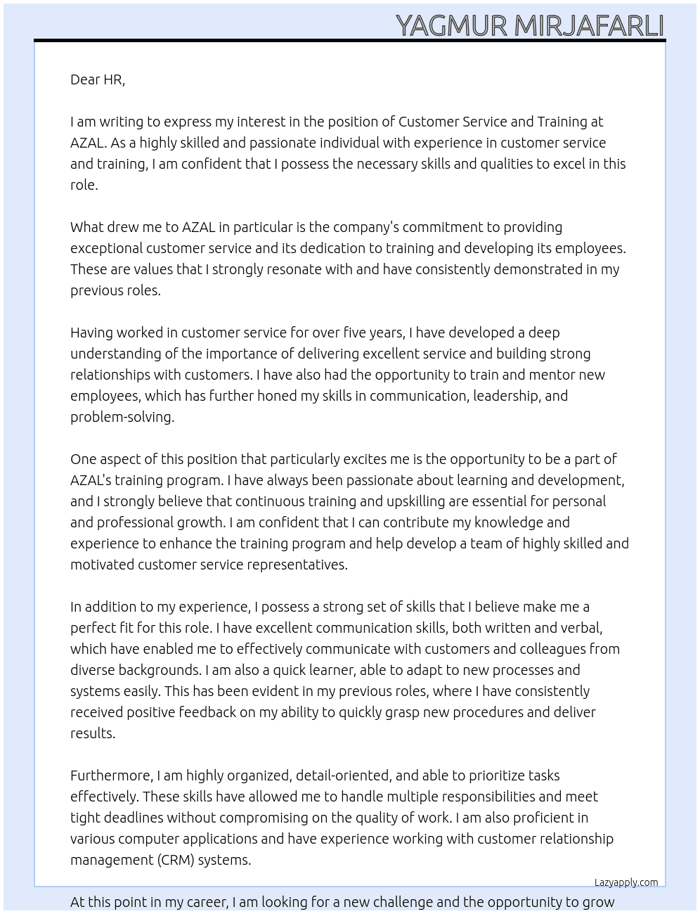 Customer service and training At AZAL Cover Letter