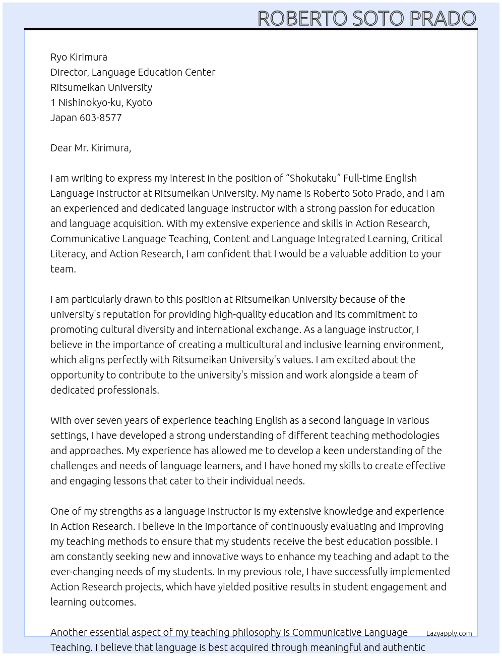 “Shokutaku” Full-time English Language Instructor At Ritsumeikan University Cover Letter