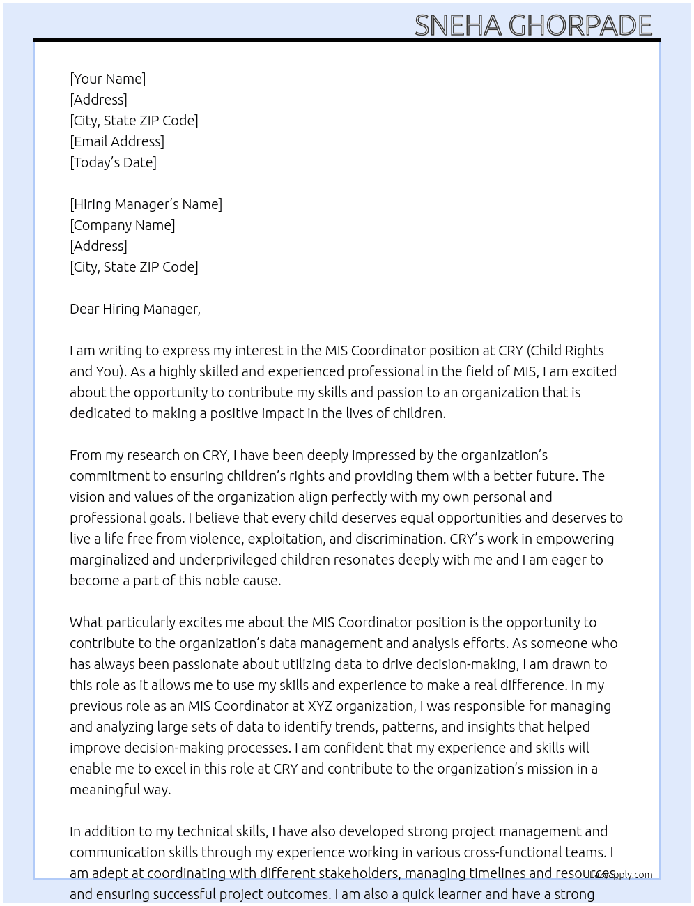 MIS coordinator  At CRY (Child Rights and You) Cover Letter