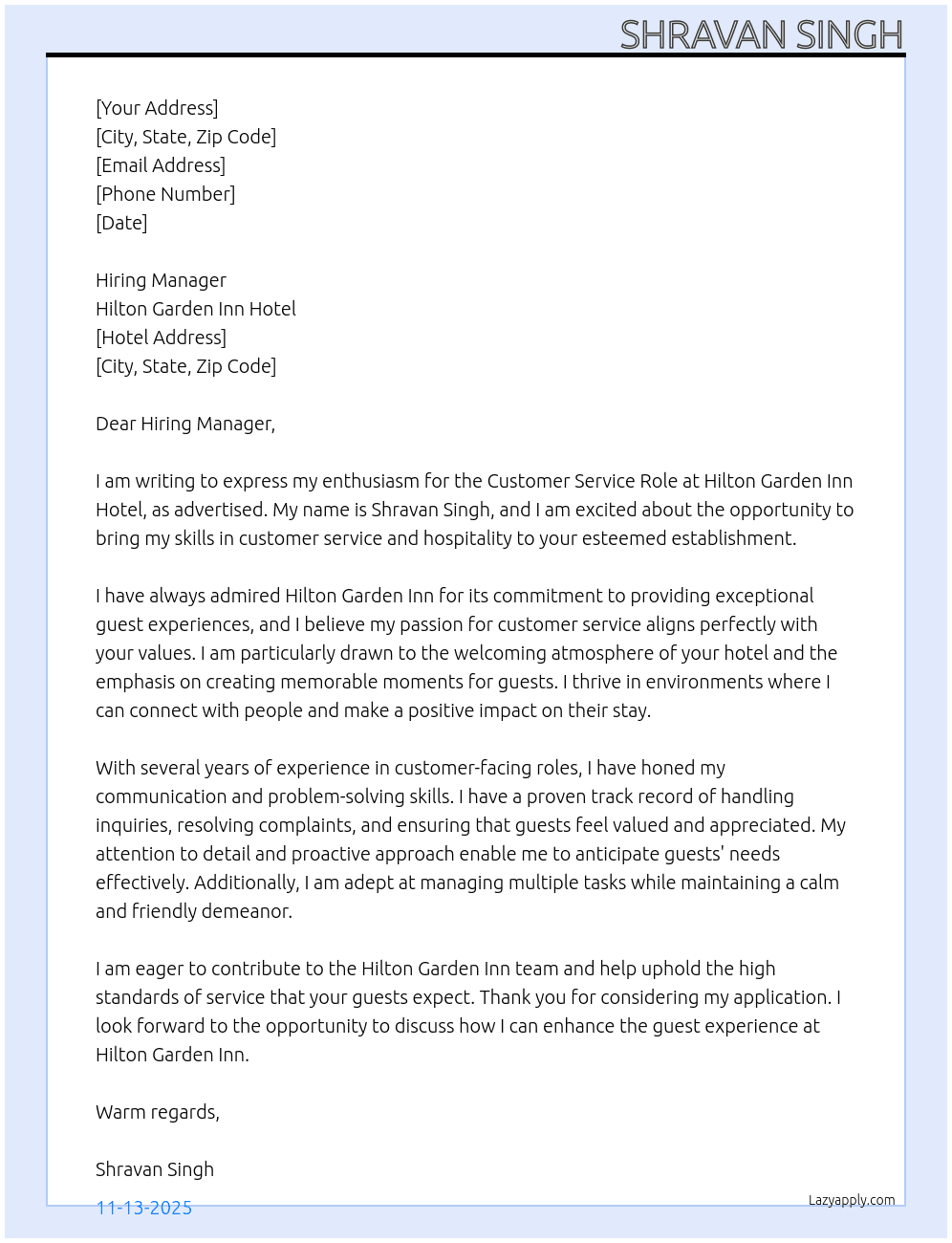 Customer service Role  At Hilton Garden Inn hotel Cover Letter