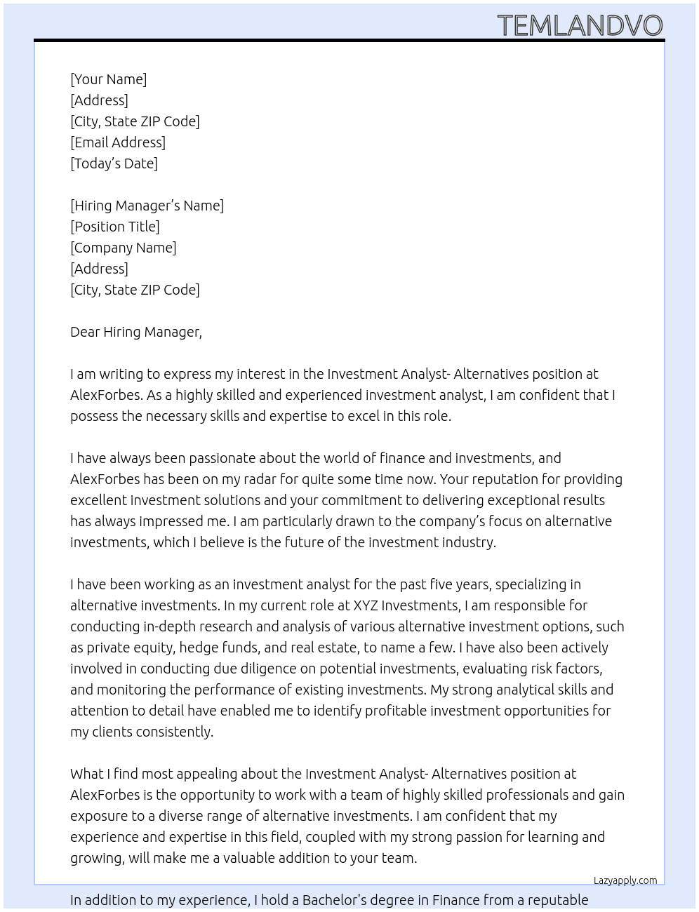 Investment Analyst- Alternatives  At AlexForbes  Cover Letter