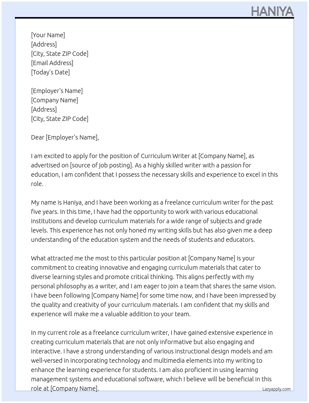 Curriculum writer At Curriculum  Cover Letter