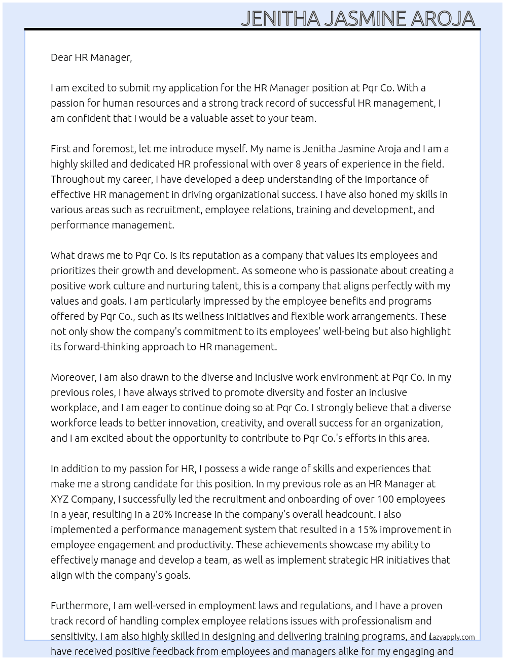 HR manager  At Pqr co. Cover Letter