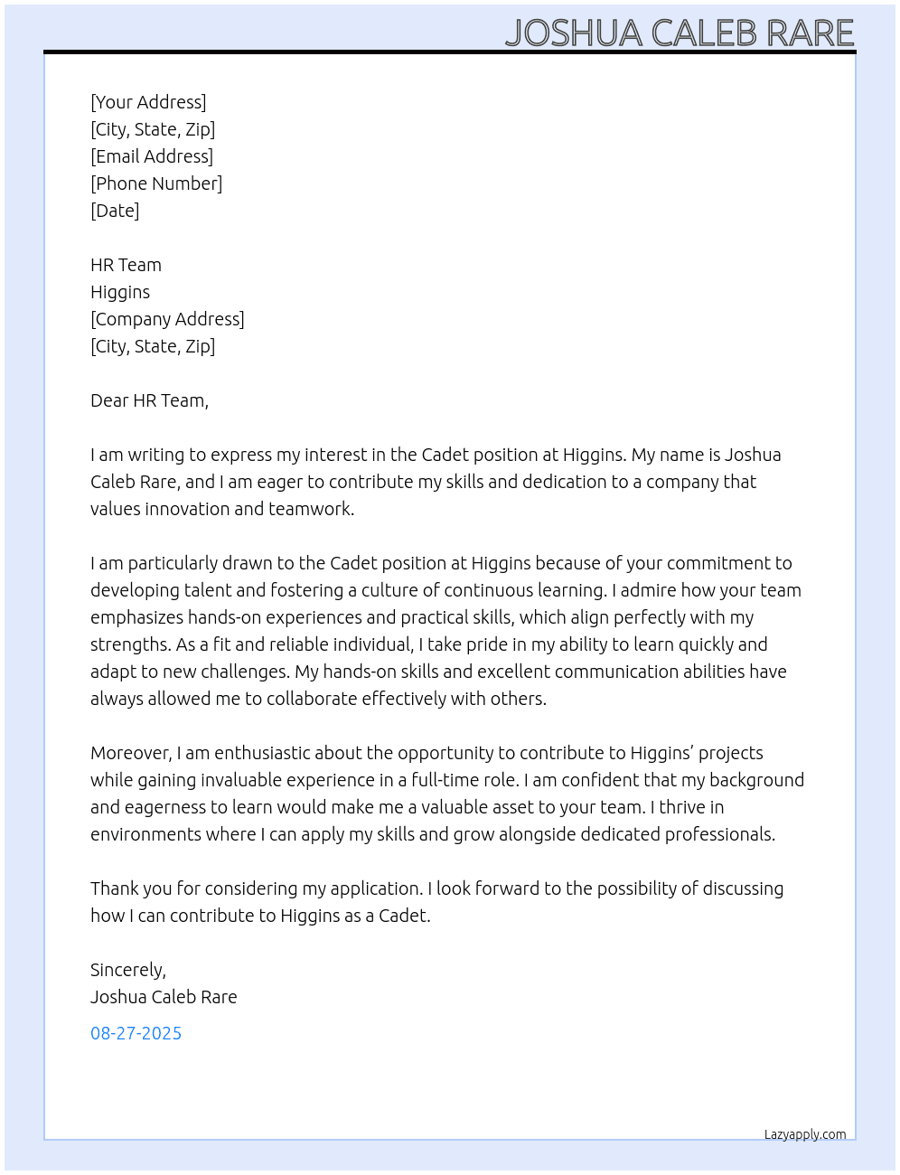Cadet At Higgins  Cover Letter