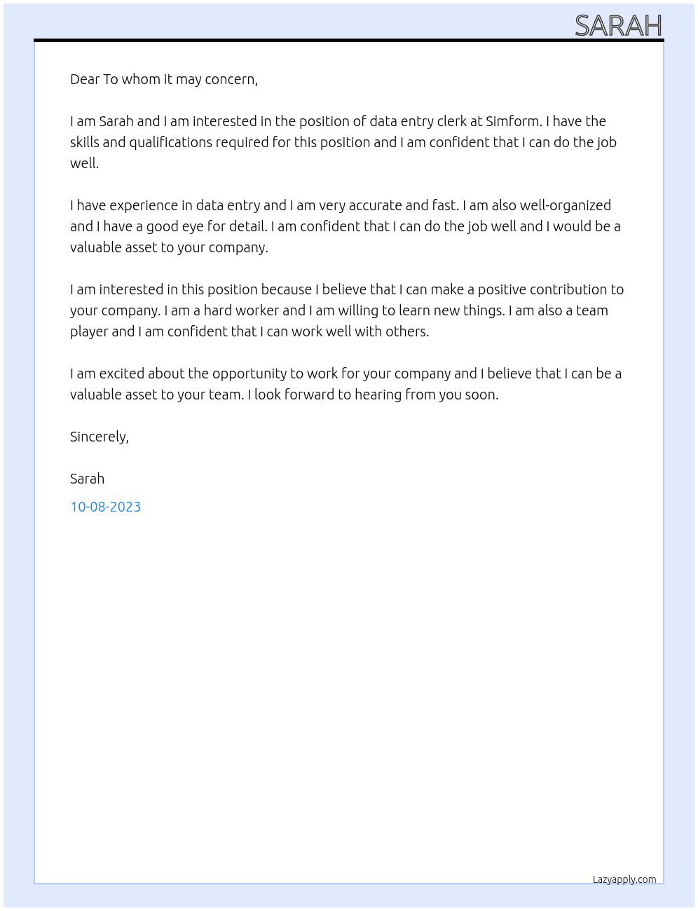 data entry clerk At Simform Cover Letter