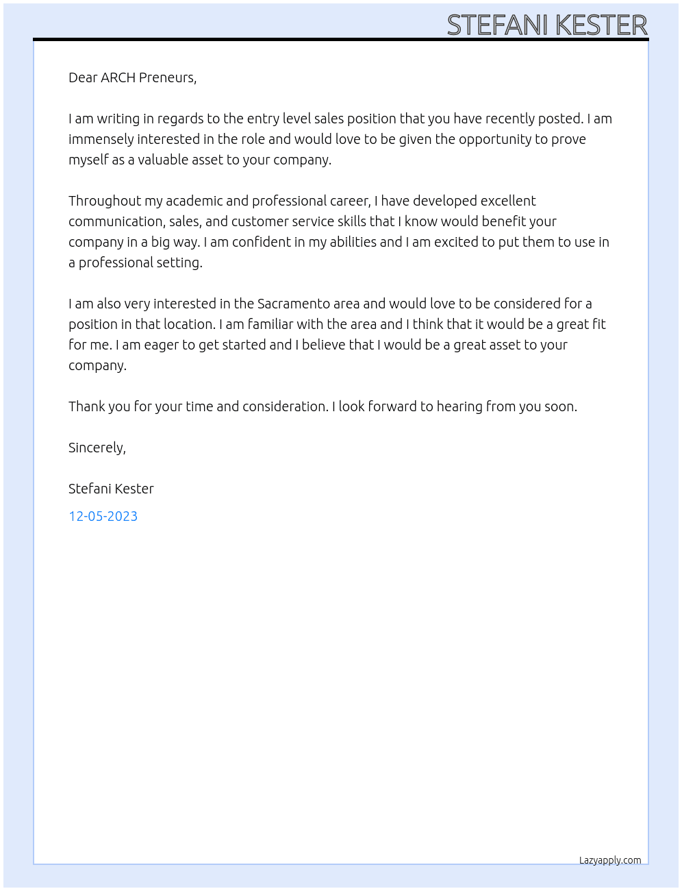 Entry Level Sales At ARCH Preneurs Cover Letter