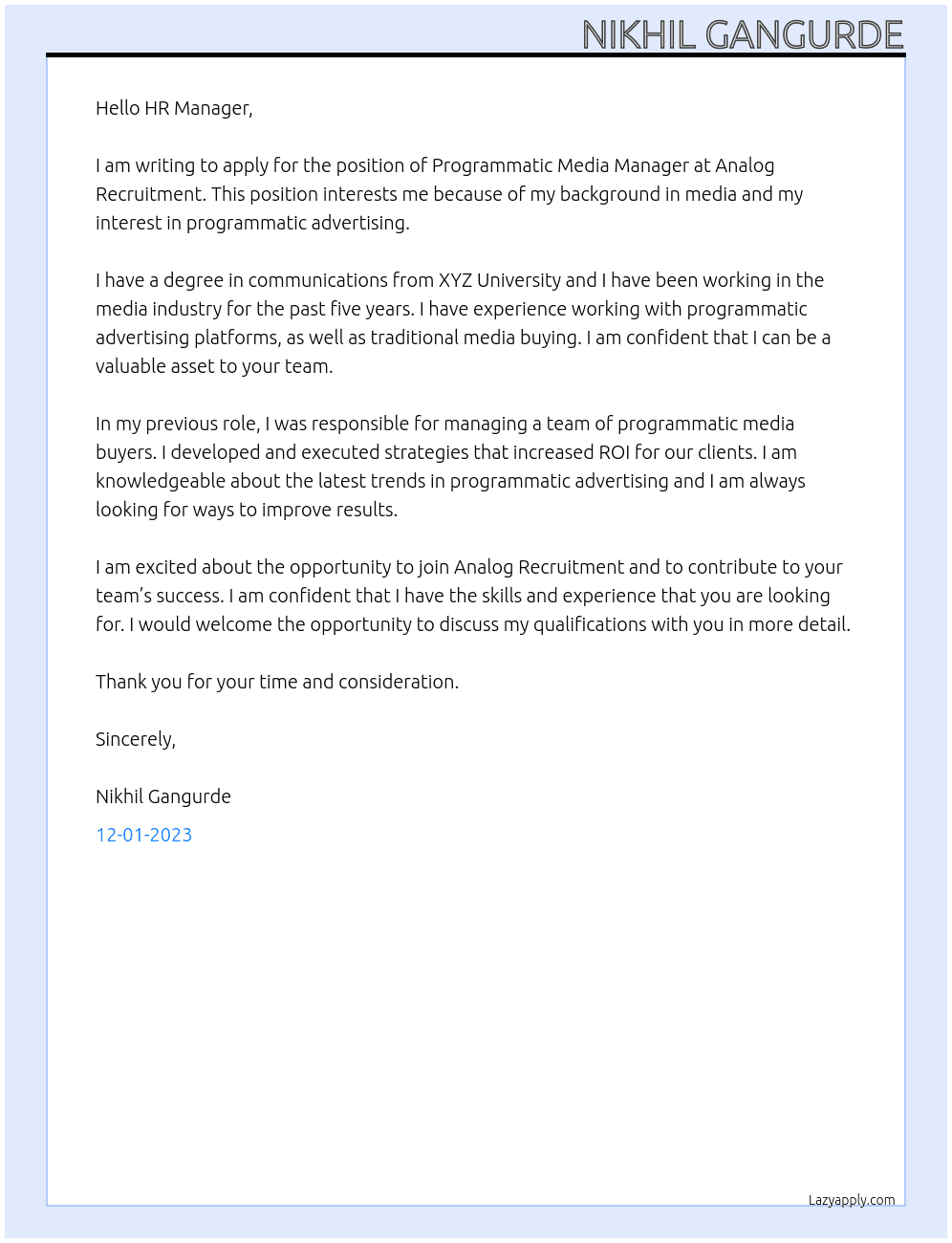 Programmatic Media Manager At Analog Recruitment Cover Letter