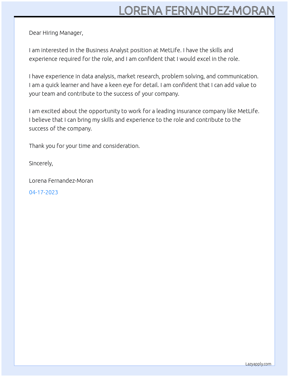 Business Analyst At MetLife Cover Letter