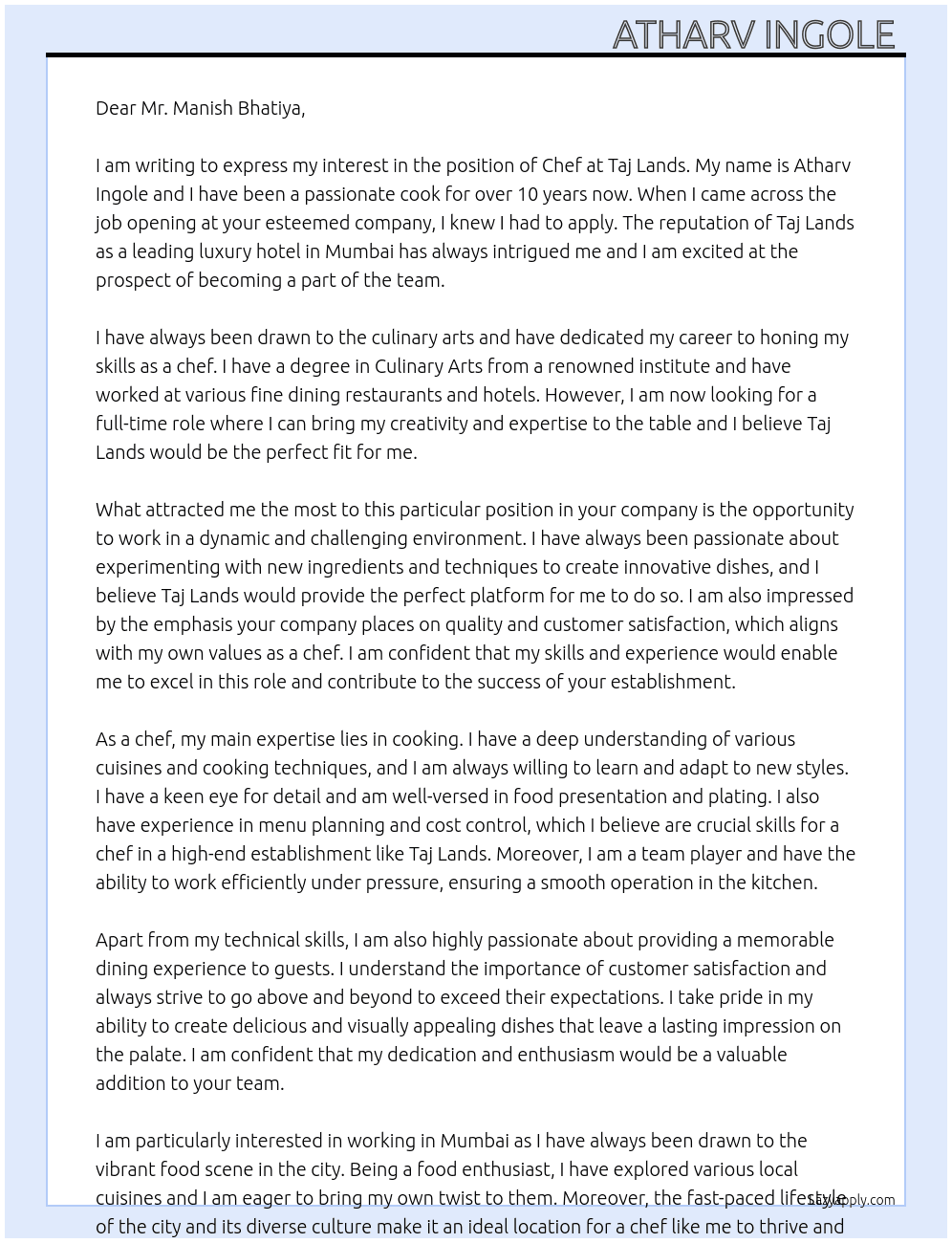 chef At taj lands Cover Letter