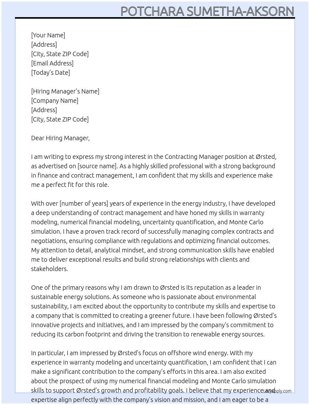 Contracting Manager At Ørsted Cover Letter