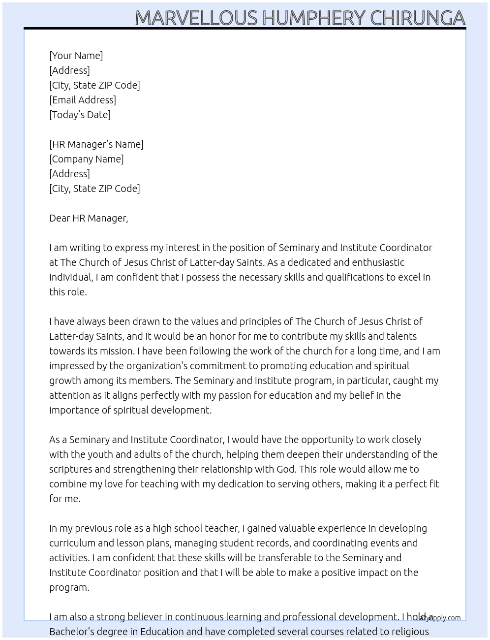 Seminary and Institute Coordinator At The Church of Jesus Christ of Latter-day Saints Cover Letter